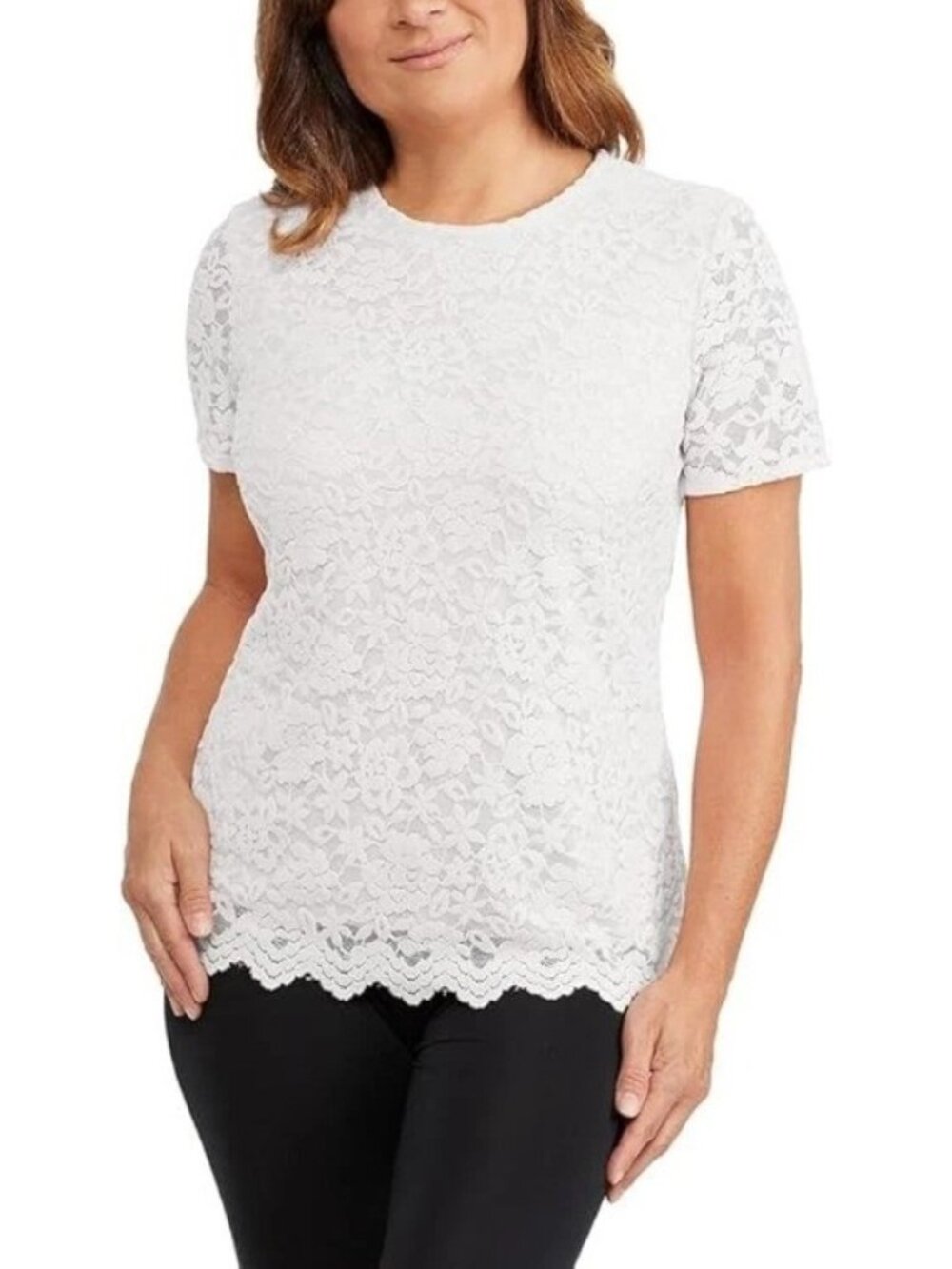 Teddi Rose Women's M White Lace Floral Short Sleeve Blouse Top Keyhole Back L149